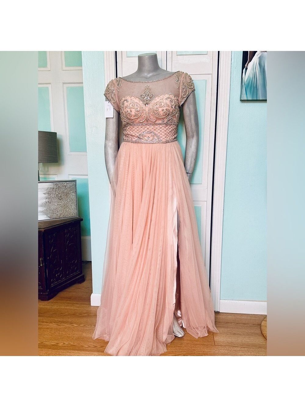 Sherri Hill 12 14 Prom Dress Mother of Bride Groom Gown Pageant Peach Blush